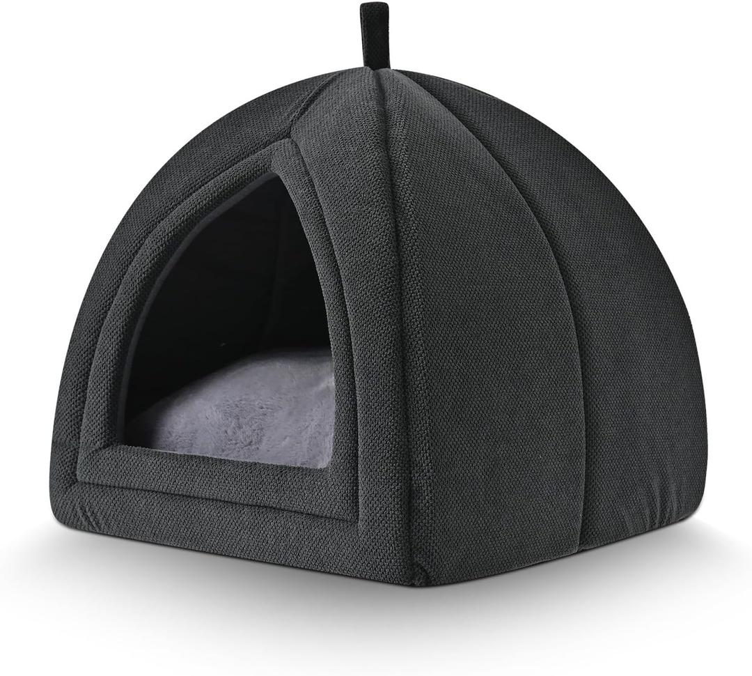 Amazon Basics Cat Cave Bed, 2-in-1 Foldable House for Indoor Cats, with Washable Cushion and Non-Slip Base, 17.5 x 17.5 Inches, Large (Grey)