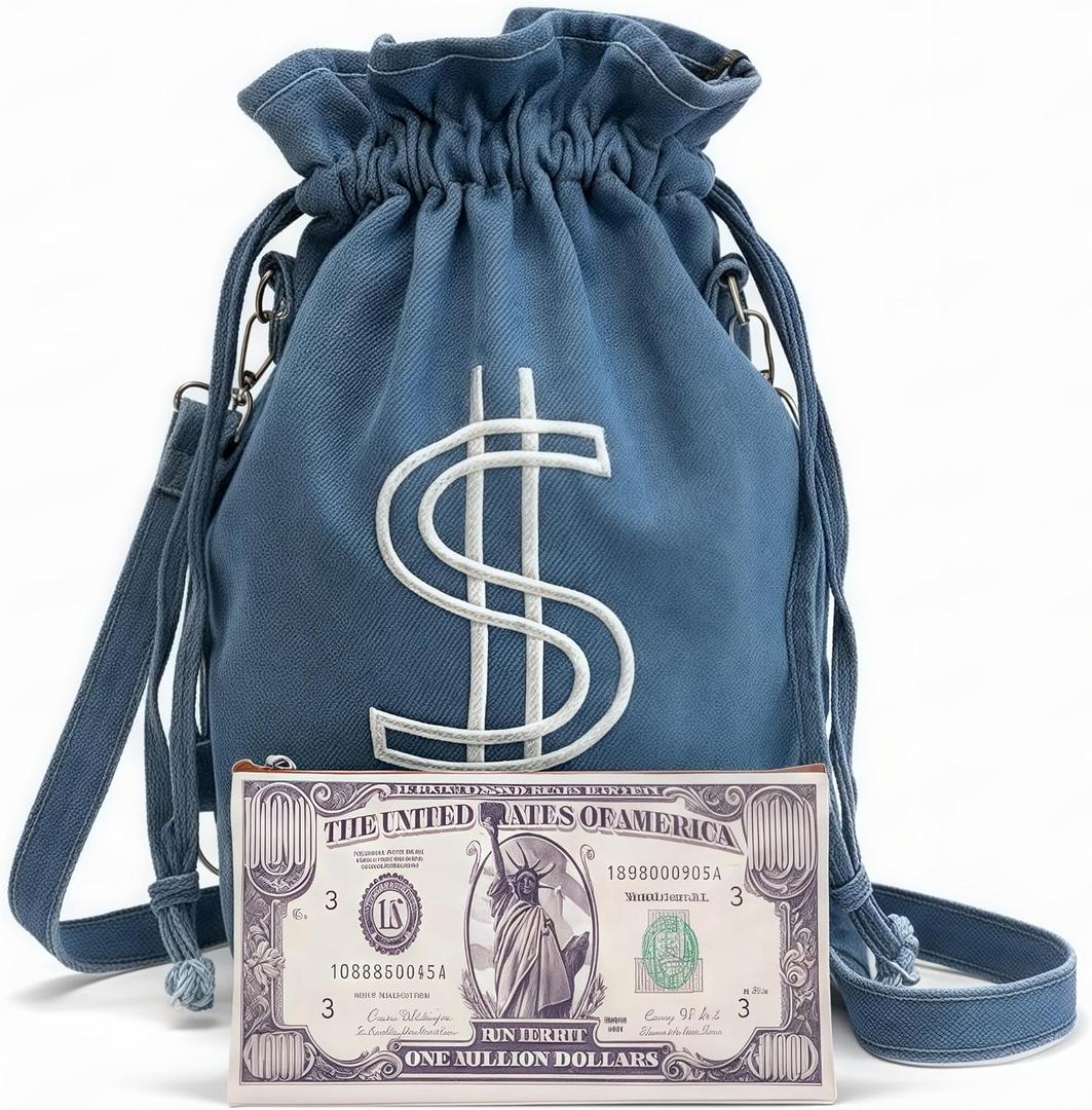 Denim Drawstring Backpack with Coin pouch, Large Money Dollar Sign Bucket Rucksack, Lightweight Sport Bags (Light Blue)