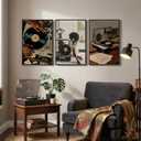 Framed African American Canvas Wall Art Set of 3, Modern Black Woman Record Music Artwork Prints, Black Girl Black Art Wall Decor for Living Room Bedroom Hallway or Music Room Decor, 16x24 Inch
