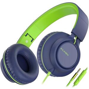 AILIHEN C8 Headphones Wired, On-Ear Headphones with Microphone and Volume Control, Corded 3.5mm Headset for Boys Girl School Smartphones Chromebook Laptop Computer Tablets Airplane Travel (Blue Green)