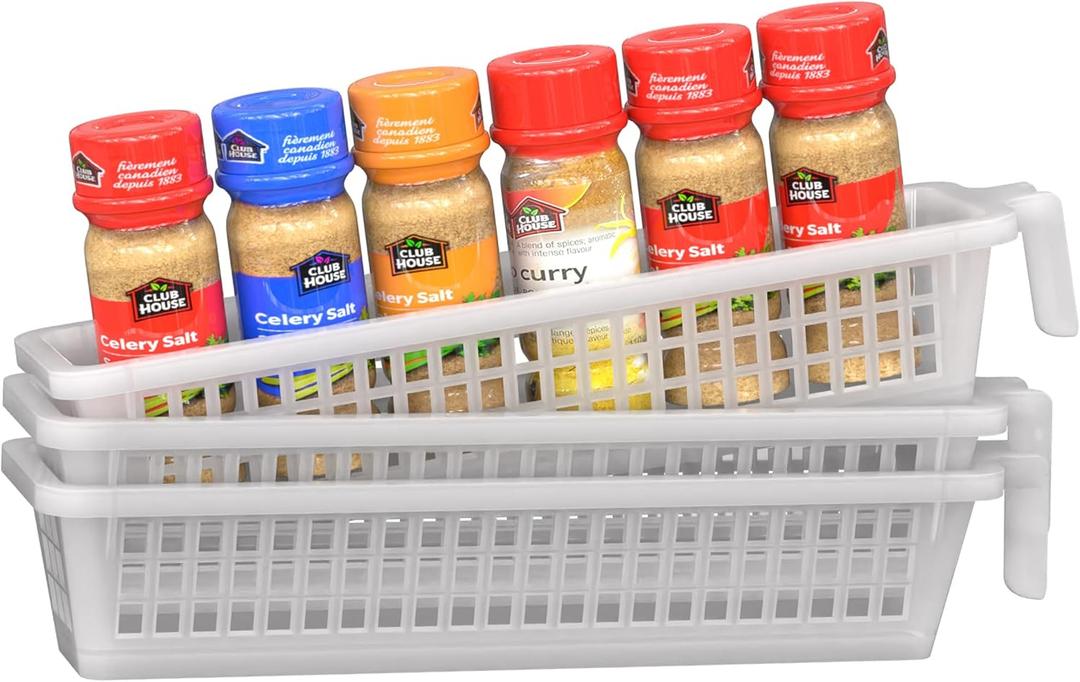 Narrow Storage Bins - Set of 3 Spice Baskets - Plastic Trays for Organizing Kitchen Cabinets, Pantries, Shelves, Fridge, and Countertops - Spice Holder for Inside Cabinets, Small Fridge Organizer