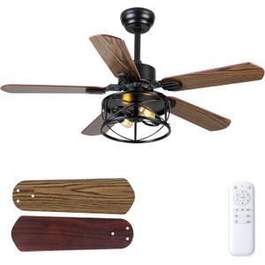Ceiling Fan with Light and Remote,42in Farmhouse Caged Flush Mount Ceiling Fans for Bedroom,Living room Rustic Industrial Fandelier for Patio 6 Speed Reversible,5 Dual Blades Indoor/Outdoor