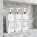 Shampoo and Conditioner Dispenser - Modern Design Large 27oz Shower Soap Dispenser Set of 3, Refillable Empty Plastic Pump Bottles for Bathroom, 6 Waterproof Labels Included, White & Silver