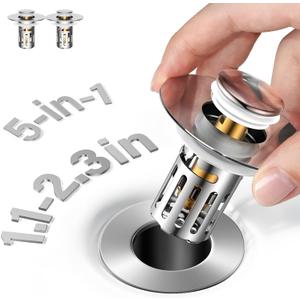 5-in-1 Bathroom Sink Stopper, 2 Pc Pop-Up Drain Stopper with Removable Hair Catcher, Anti-Clog Strainer, Odor Blocking & One-Way Flow Design, All Metal Brass Core & Stainless Steel, Fit 1.1"2.36"