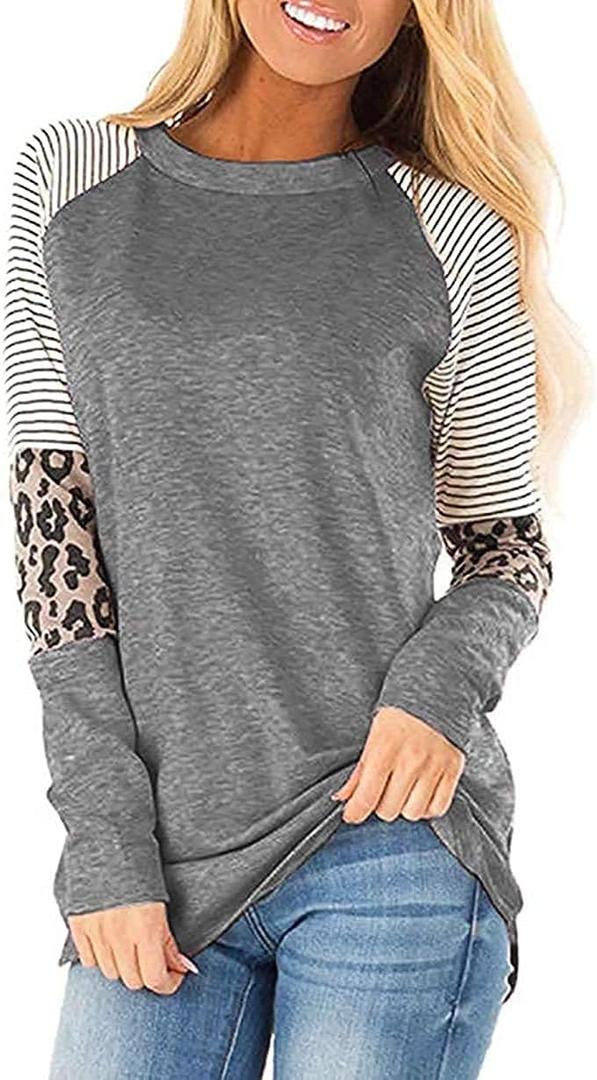 Leopard Print Tops for Women Long Sleeve Crew Neck Patchwork T Shirt Blouse (S)
