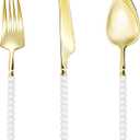 120 Pcs Gold Plastic Silverware,Gold Plastic Utensils with White Beads Handle,Fancy Disposable Cutlery Set Include 40 Forks 40 Knives 40 Spoons for Party & Wedding