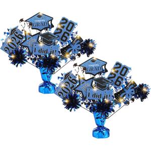 DoubleFill 2 Set Blue Graduation Decorations Class of 2026 Graduation Table Centerpieces Sticks Table Toppers with Lights for College High School Congrats Grad Party Supplies