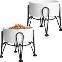 Elevated Dog Bowls, Ceramic Raised Dog Bowl Set with Anti-Slip and Non-Tip Metal Stand, 2 Pack Pet Food and Water Feeding Bowls for Small and Medium Dogs (White, 3.6 Cups)