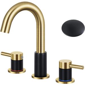 KZH Black and Brushed Gold Bathroom Faucet 3 Hole, 8-inch Widespread Bathroom Faucet with Pop Up Drain, Bathroom Sink Faucet with 360 Swivel Spout, 2 Handle Vanity Faucet with Water Supply Hoses (2-Brushed Gold & Black)