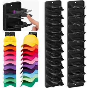 Spring Clip Hat Organizer for Baseball Caps  2 Pack, Wall Hat Rack for Door & Closet  Keeps 20 Hats Tidy in Entryway, Dorm, Bedroom  Multi-Layer Cap Storage (Adhesive or Screws)