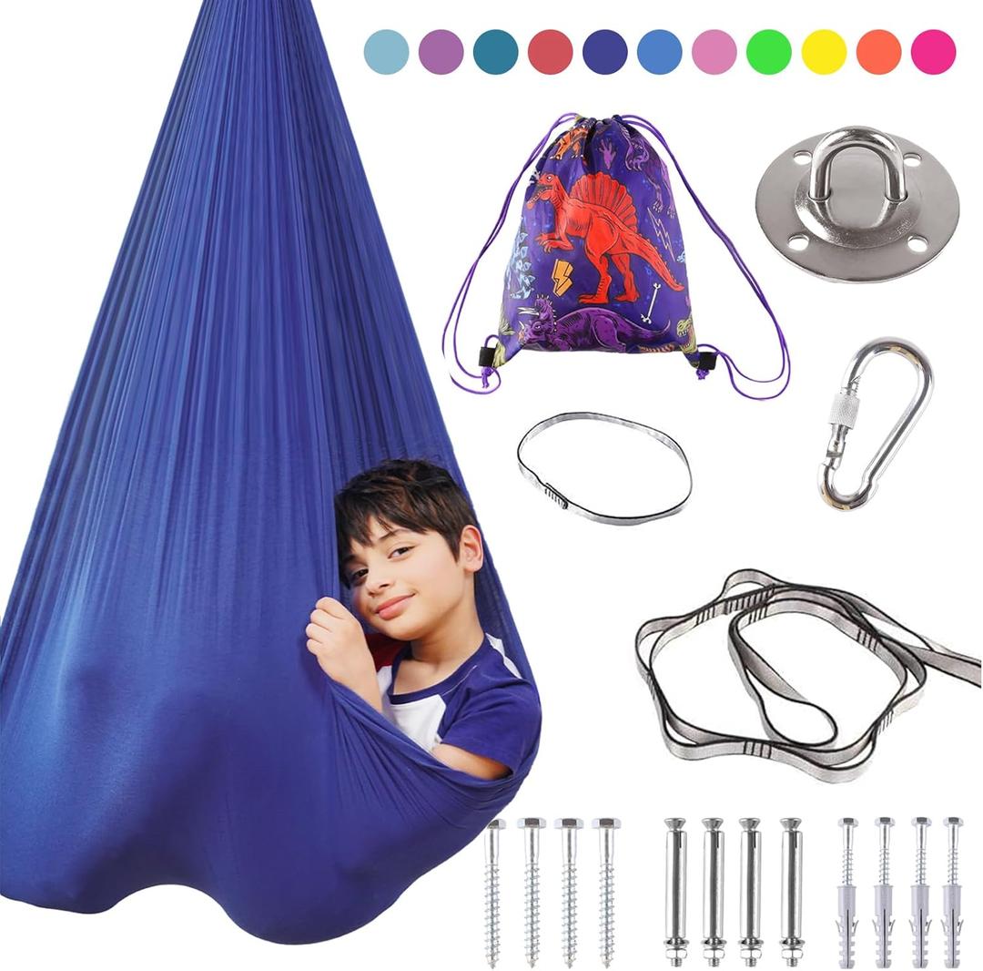 Indoor Therapy Sensory Swing for Kids, Special Needs Joy Cuddle Ceiling Snuggle Swings, Outdoor Room Adjustable Fabric Hammock for Children Child Teens Autism, ADHD, Aspergers, Sensory Integration (Navy Blue)