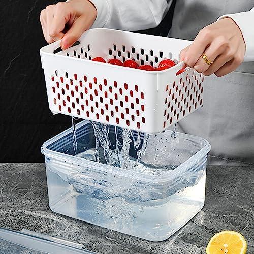 Drain Fridge Organizers and Storage, Large Transparent Bpa Free Dishwasher Safe Lettuce Keeper Fruit Washing Bowl with Strainer for Vegetable Salad Berry (3300ML)
