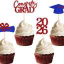 Double-sided 36 PCS Graduation Cupcake Toppers Red Blue Class Of 2026 Cupcake Picks For Graduation Theme Party Decorations Supply, 4.7 inches by 7 inches