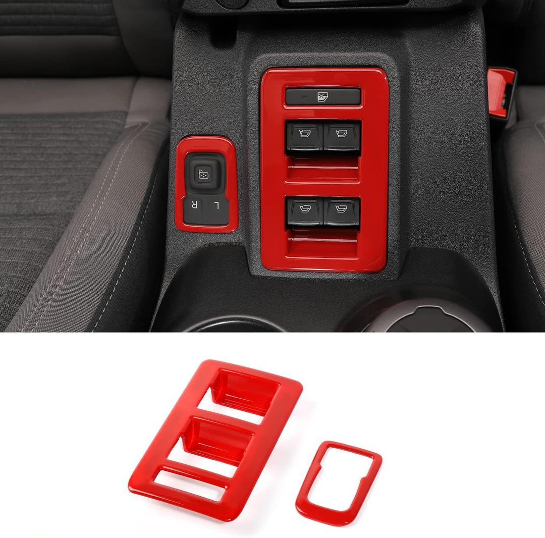 RAZPOY for Bronco Window Lift Switch Control Trim, 2PCS Center Console Rearview Mirror Adjustment Panel Cover Compatible with 2021-2025 Ford Bronco Interior Accessories, Red