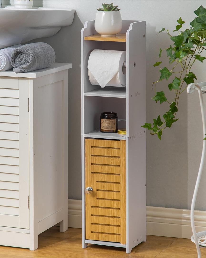 AOJEZOR Toilet Paper Holder Stand: Small Bathroom Storage Cabinet - Pure White/Bamboo (30''H inch)