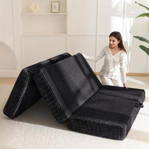 BYBYME Memory Foam Tri-Folding Mattress, 6 Inch Gel Folding Mattress Topper, Foldable Soft Guest Bed Camping Pad, with Washable Cover (Queen, Black)
