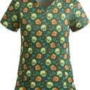 St. Patrick's Day Scrub Tops for Women Stretch Vneck Shamrock Clover Printed Nurse 2 Pockets Holiday Working Uniforms (XL)