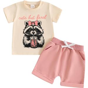 Sejardin Baby Girl Summer Outfit Infant Letter Print Short Sleeve T Shirt Tops and Stretch Shorts 6 12 18 24M 2T Girl Clothes (Beige)