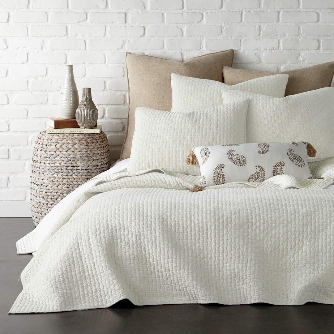 Levtex Home - Cross Stitch Cream Quilt Set - Full/Queen Quilt + Two Standard Pillow Shams - Cross Stitched Pattern - Quilt Size (88x92in.) and Pillow Sham Size (26x20in.) - Reversible - Cotton Fabric