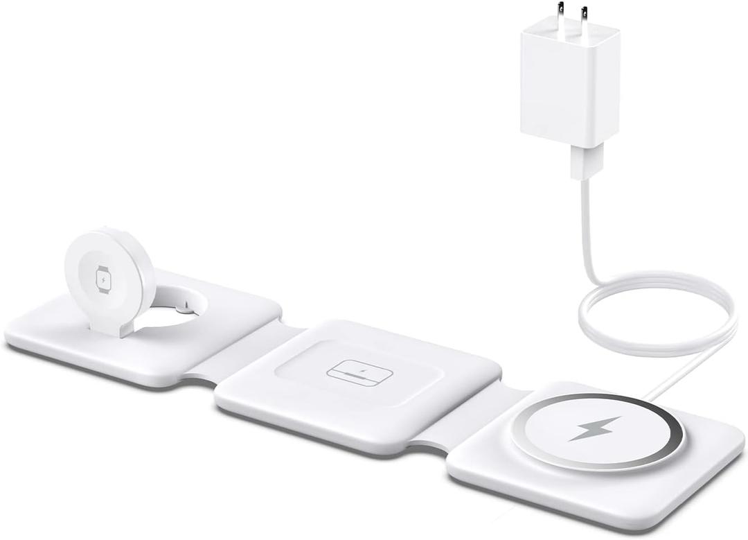 Charging Station for Apple Multiple Devices - 3 in 1 Foldable Magnetic Wireless Charger Dock - Travel Charging Pad for iPhone 16 15 14 13 12 Pro Max Plus Watch & Airpods (White)
