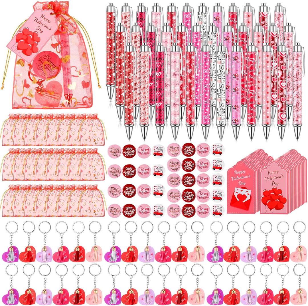 36 Sets Valentine Appreciation Gifts for Employees Coworkers Valentine Team Staff Gifts Bulk Include Ballpoint Pens Heart Keychain Pin Inspirational Greeting Card and Organza Bags