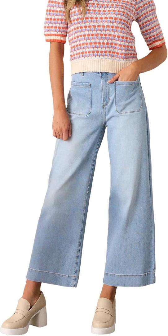 Allimy Women's High Waisted Cropped Wide Leg Jeans Stretchy Loose Denim Pants with Front Patch Pockets (Blue)