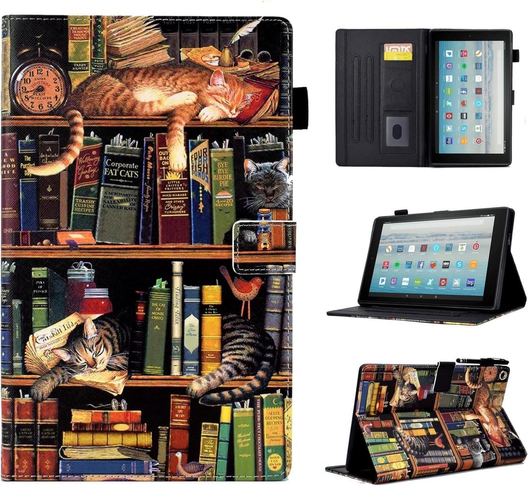 Case for Fire HD 8 Tablet (8th/7th/6th Generation, 2018/2017/2016 Release), Premium PU Leather Folio Stand Cover Protective Case with Auto Sleep Wake, Bookshelf Cat
