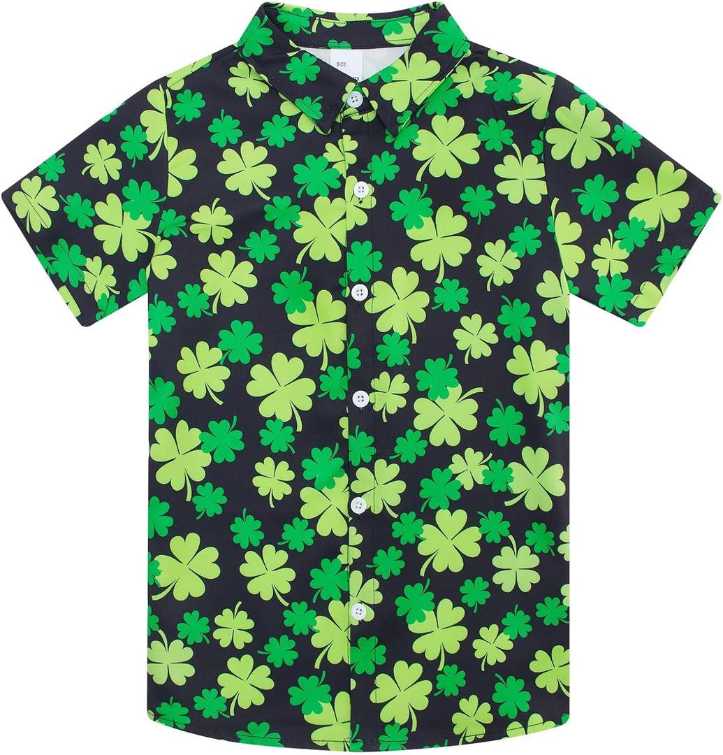 uideazone 3-14 Years Boys St. Patrick's Day Hawaiian Shirt Button Down Short Sleeve Tropical Shamrock Shirts (Orange, S)