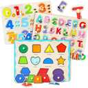 GRINNNIE Wooden Montessori Toddler Puzzles for 3 4 5 Years Old, 3 Pcs (Number, Letter, Shape) Kids Preschool Educational Peg Puzzle Set