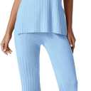 QINSEN Lounge Sets for Women Two Piece Outfits Knit Sleeveless Vented Hemline Tops Wide Leg Pants Sweater Sets (Small, Light Blue)