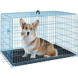 FDW Dog Crate for Medium Dogs 30 Inch Folding Metal WirePet Cage Double Door W/Divider Panel Indoor Outdoor Kennel Leak-Proof Plastic Tray,Blue