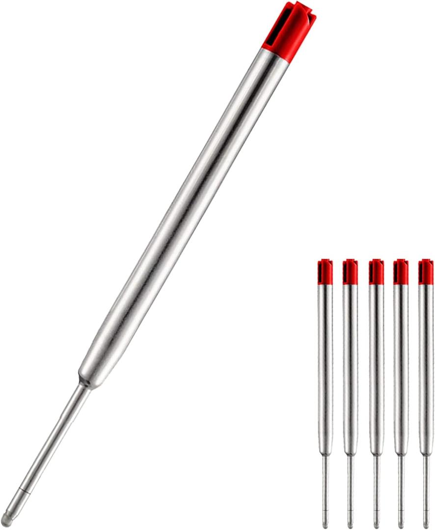 5 x HeTaoCat Red Ink Refill Pack of 5, Replaceable Ballpoint Pen Refills, Medium Point Metal Refil (Red)