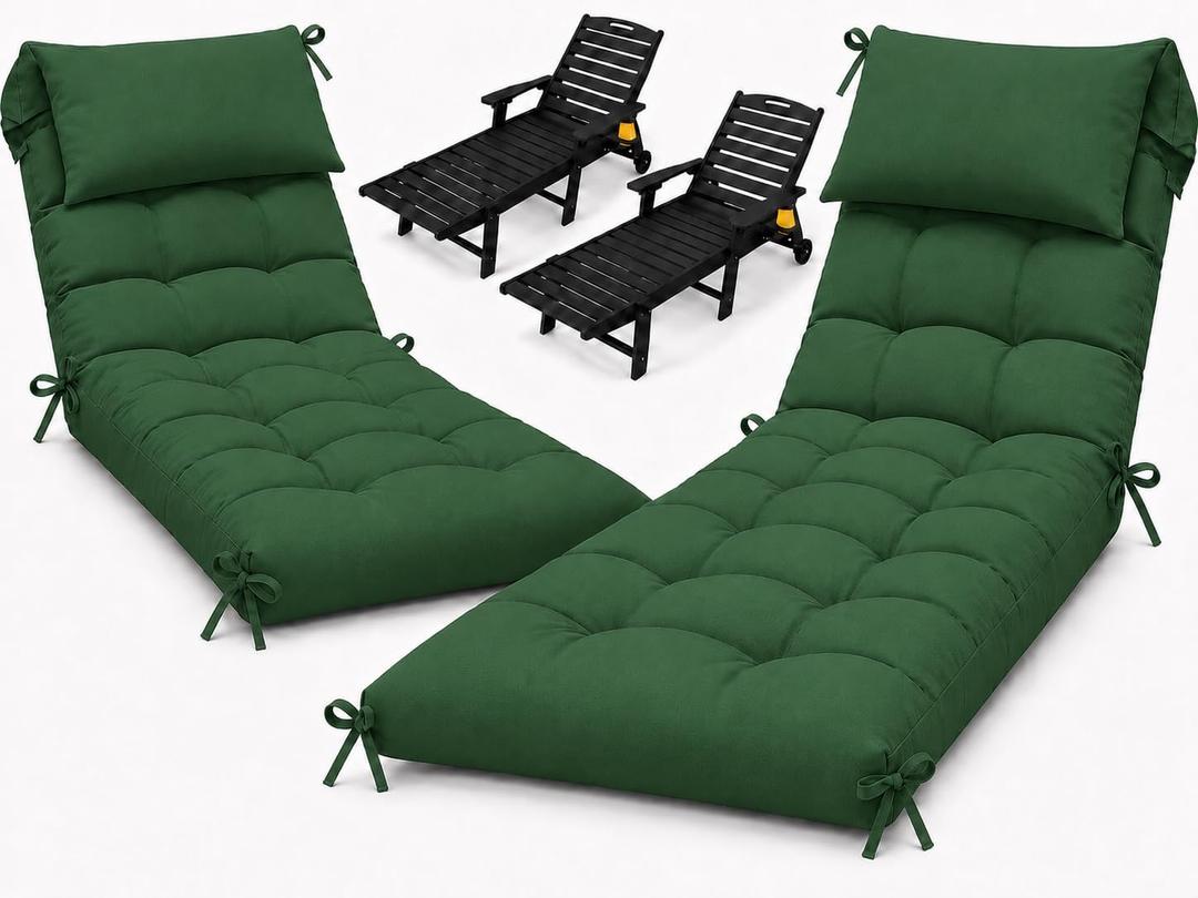 2 Pack 76 x 22 x 4.7" Waterproof Chaise Lounge Chair Cushion Outdoor Green