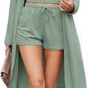 Ekouaer Rib Knit Pajamas Set for Women 3 Piece Lounge Sets Soft Cami and Shorts Pjs with Cardigan Loungewear S-XXL (L)