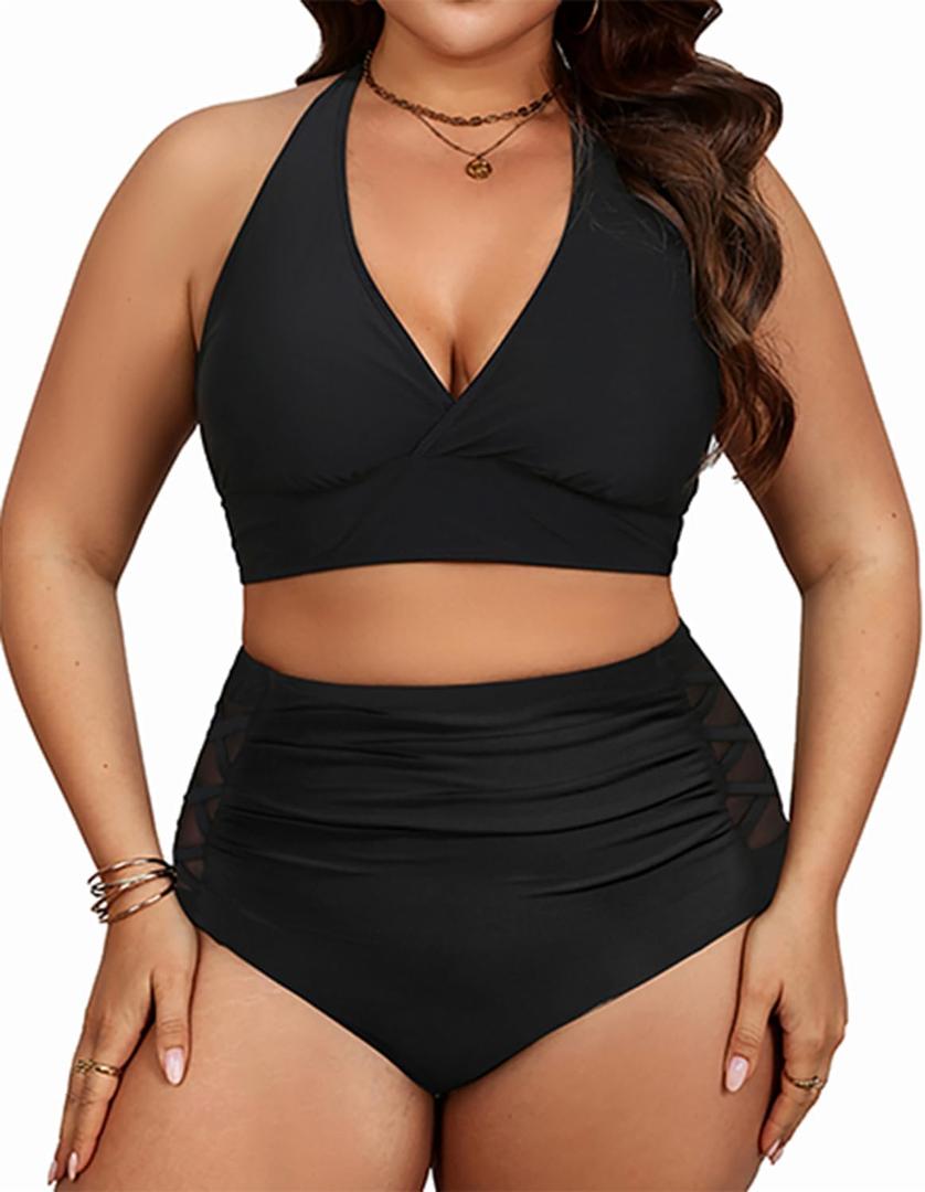 Yonique Womens Two Piece Plus Size Halter Bikini Swimsuits Tummy Control Bathing Suits High Waisted Swimwear (Black 01)