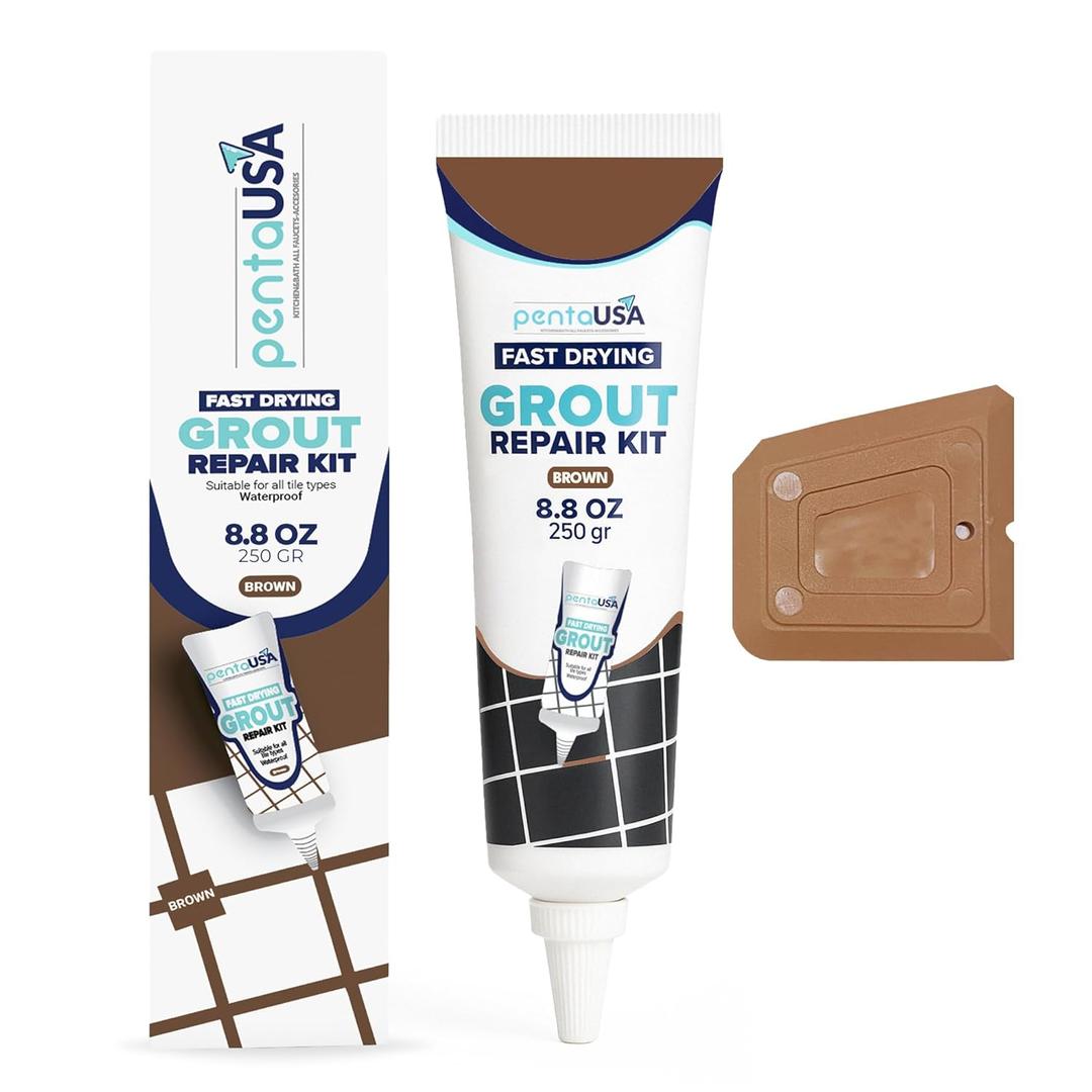 PentaUSA Tile Grout Repair Kit - Beige Brown Premixed Acrylic Sanded Grout Filler for Bathroom, Shower, Kitchen Tile and Wood-Look Tile, Water-Resistant Tube with Applicator (8.8 oz / 250g)