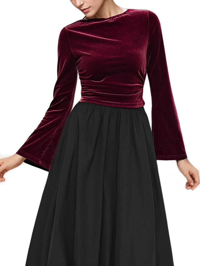 Long Sleeve Velvet Tops for Women, Ruched Crop Top Boat Neck Bell Sleeve Slim Fitted Shirt (Small, Winered)