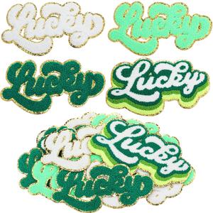 Chuangdi 12 Pcs Lucky Chenille St. Patrick's Day Iron on Patches Bulk 7.8 Inch Green White Self Adhesive Sew on Chenille Letter Irish Festival Embroidered Applique Patches for Clothing DIY Crafts