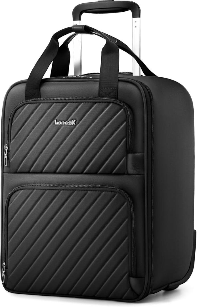 LUGGEX Underseat Carry On Luggage with Wheels, UDK-Plus Large-Capacity Lightweight Soft Sided Personal Item Suitcase for Short Trips (UX-Plus, Black, 16 Inch)