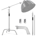 C Stand with Boom Arm Stainless Steel C Light Stands Heavy Duty, Max Height 10.5ft/320cm, with 4.2ft/128cm Holding Arm, for Photography Studio, Reflector, Umbrella, Softbox