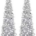 Leyndo 2 Pcs 5 ft Collapsible Artificial Christmas Tree Pop up Silver Sequined Tinsel Pencil Skinny Xmas Tree for Home Fireplace Decoration