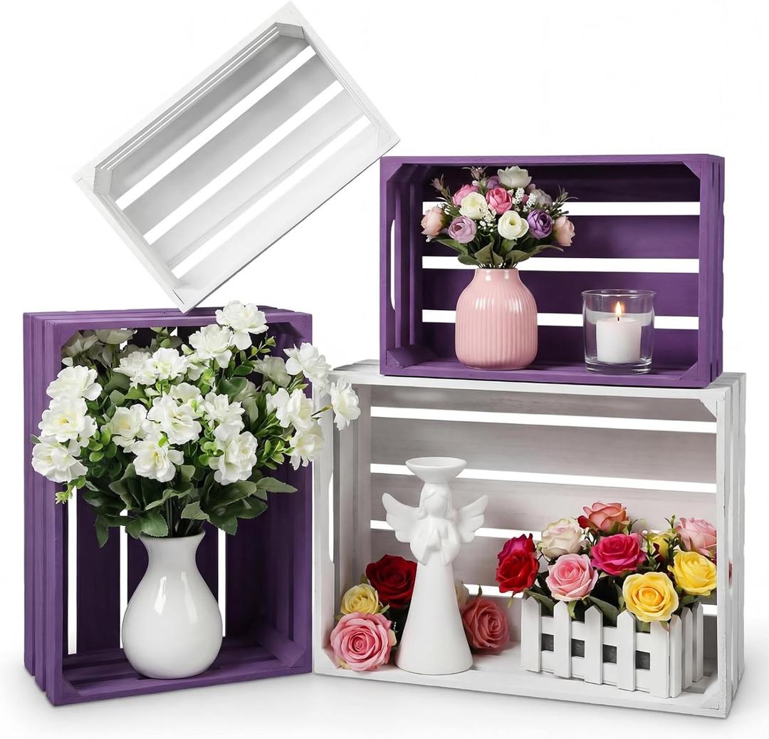 Novabright 4 Pcs Decorative Wooden Crates for Display, Purple & White Nesting Wood Crates with Handles, Rustic Farmhouse Storage Boxes for Wedding Birthday Home Decor Shelf Organization