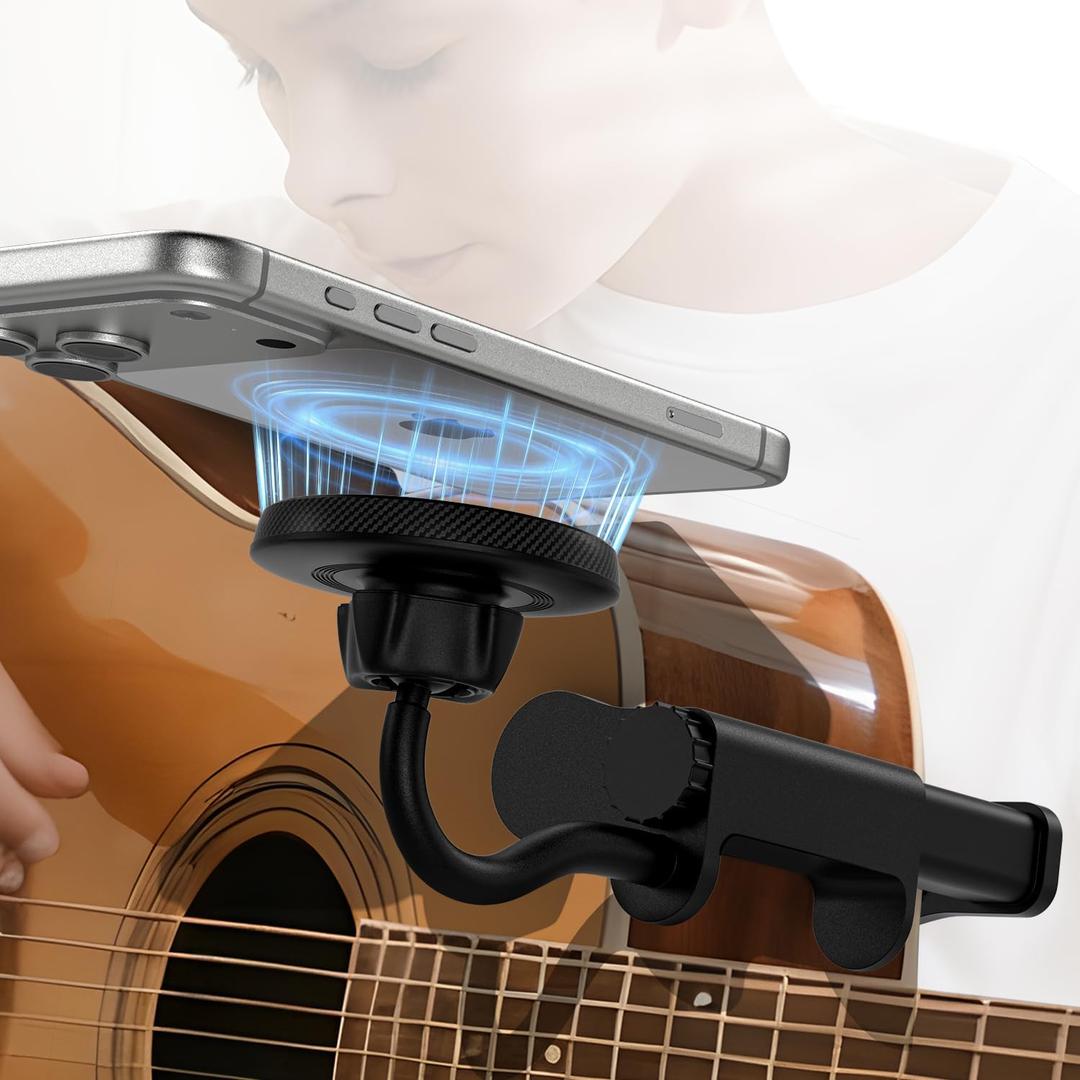 Magnetic Guitar Phone Holder [Stronger Magnets] Universal Smartphone Mount for Guitar, Bass, Ukulele, 360 Rotating & Adjustment Ideal for Video Recording/Live Streaming/Online Teaching
