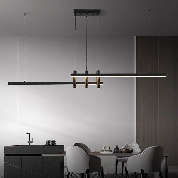 HUASHARE 83" Modern Black Linear Pendant Lights Kitchen Island Lighting Minimalist Led Chandeliers Pool Table Light Dimmable Ceiling Hanging Light Fixture Dining Room with Remote Control