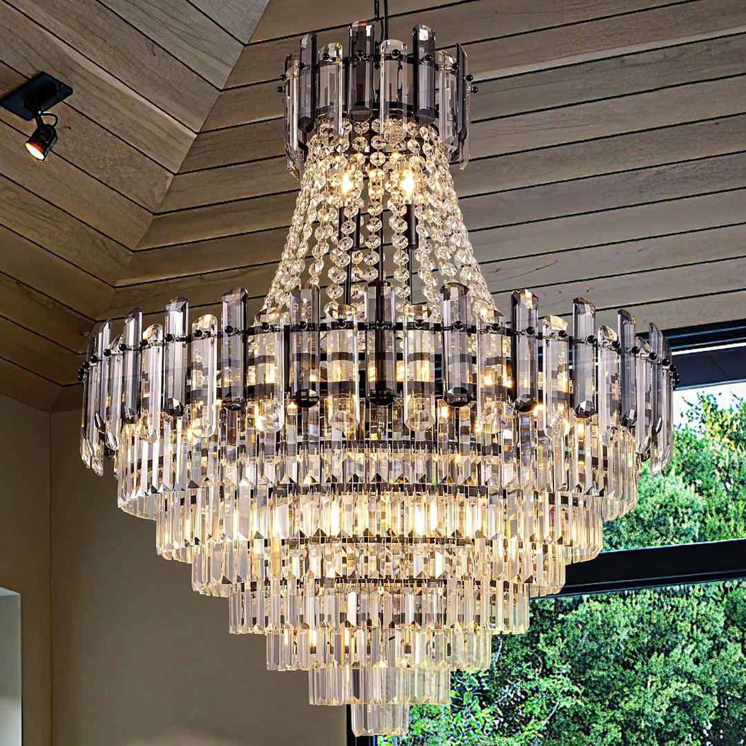 Wellmet Large Black Crystal Chandelier, 15 Lights Luxury Crystal Chandelier for High Ceiling, Modern Farmhouse French Empire Lighting for Foyer,Entryway,Staircase,Living Room,Dining Room,W-30in