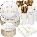 Yungyan 400 Pcs Baby Shower Dinnerware for 50 Guest Baby Shower Paper Plate Napkin Set Gender Reveal Plate Napkins Cup Footprint Disposable Knives Fork Spoon Gender Reveal(Gold,Sweet)