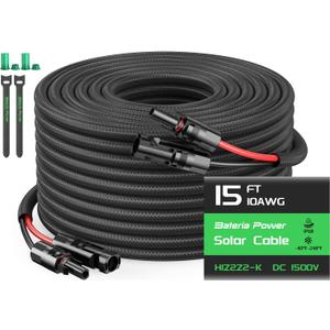 15FT Twin Wire Solar Panel Extension Cable, 10 Gauge PV Wire with IP68 Female & Male Waterproof Connectors, Flame Retardant Protective Sleeving and Dust Caps for Home, RV, Photovoltaic Systems