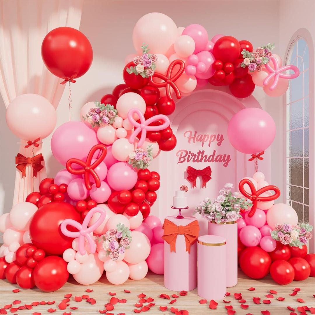 DBKL Pink Balloon Garland Arch Kit, Coquette Birthday Decorations, 162Pcs Bow Red Pink White Balloon Arch for Wedding Bridal Baby Shower Birthday Valentines Day Decorations