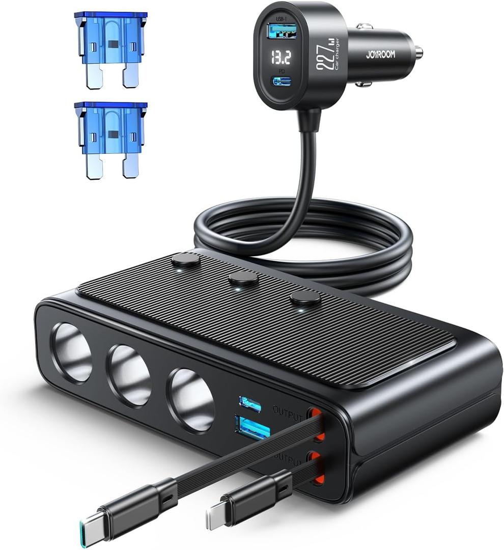 JOYROOM 9 in 1 Cigarette Lighter Splitter, 227W Dual Retractable Car Charger - 45W/24V(36W/12V) USB C Fast Charger for iPhone 17/Samsung, Independent Switches Cigarette Lighter Adapter for Car Devices