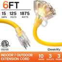6 ft 10 Gauge Heavy Duty 3 Outlet Extension Cord Splitter with Indicator, Waterproof Outdoor Extension Cord with Multiple Outlets, 15A 1875W for Workshop, ETL Listed, Flexible Yellow SJTW